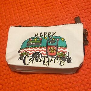 Simply Southern Teal and White Canvas “Happy Camper” small zipper bag.  NWOT.